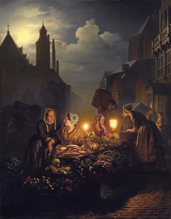 Evening market with vegetable sellers by Petrus van Schendel